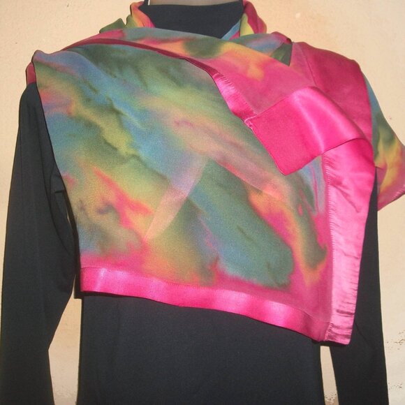 Vtg Hand-Dyed Silk Chiffon & Satin Foulard Scarf Shawl 70" X 15" - Picture 1 of 11